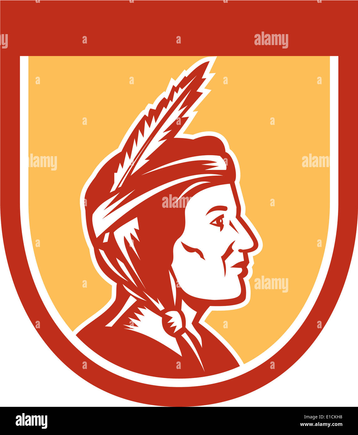 Illustration einer indianischen indischen Chef Sideview mit Kopfschmuck innerhalb Schild Wappen auf isolierte Ackground eingestellt. Stockfoto