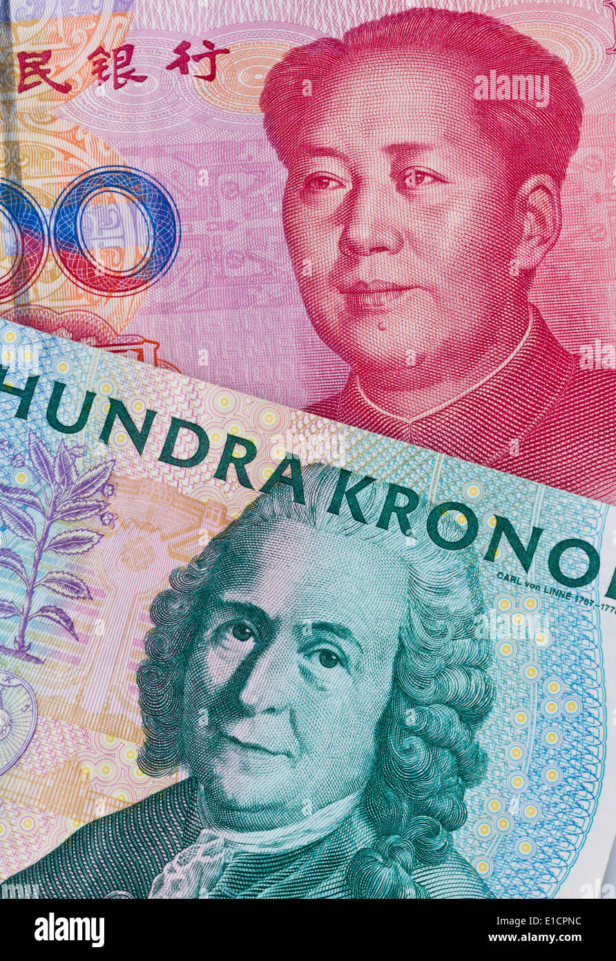 Schwedische Krone und chinesischen Yuan Rechnungen. Verschiedenen Währungen. Stockfoto