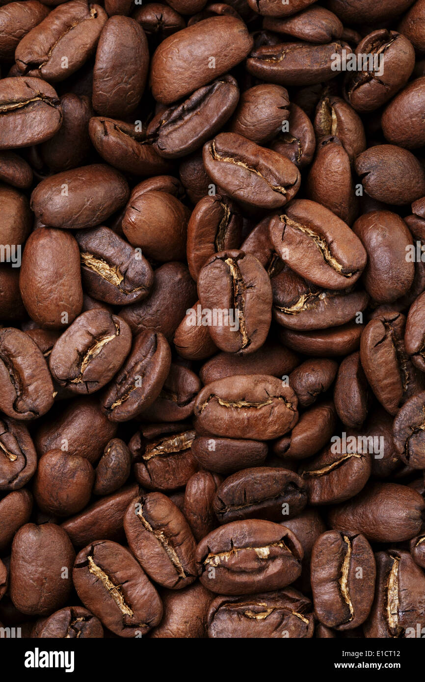 großen Arabica Kaffeebohnen direkt von oben für Hintergrund Stockfoto