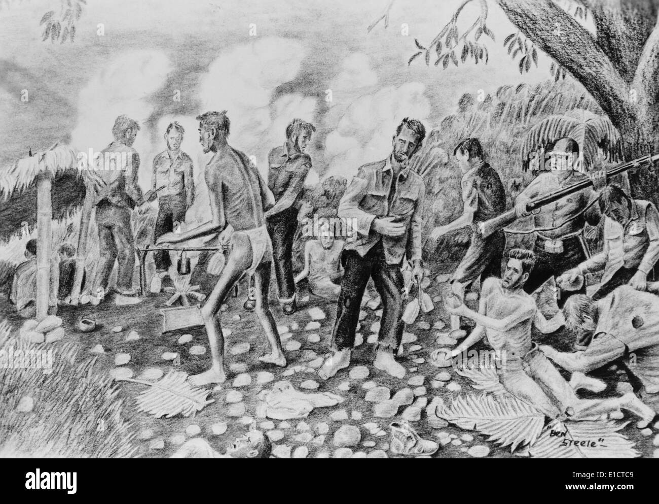 Zeichnung von POW Ben Steele, Darstellung Kranke US-Soldaten als Kriegsgefangene. Ein japanischer Soldat bewacht die Männer beteiligt Stockfoto