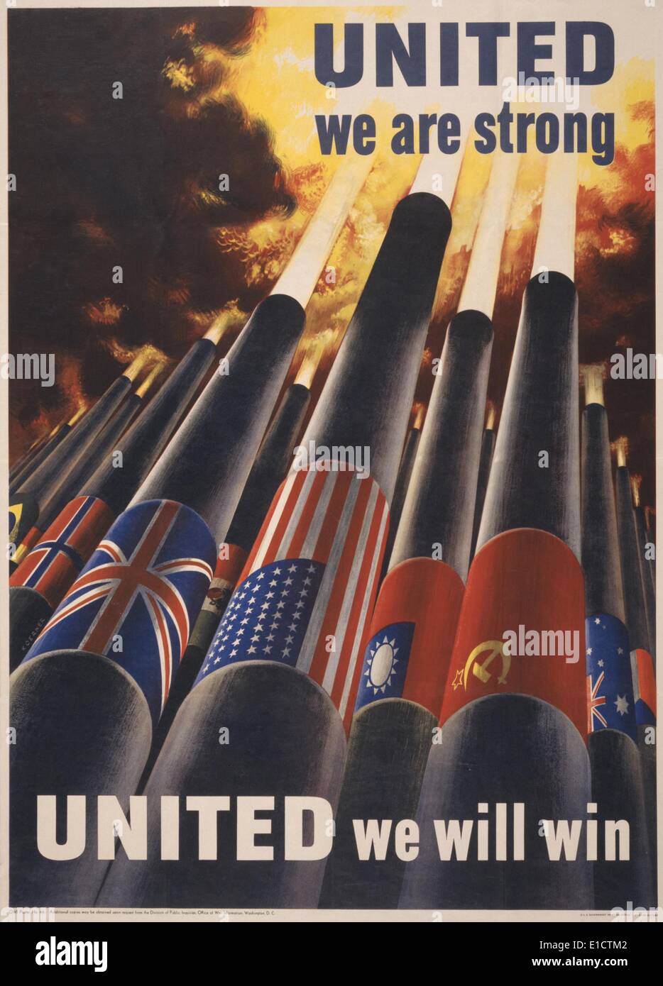 "Gemeinsam sind wir stark, Vereinigten wir gewinnen können". 1943 amerikanische 2. Weltkrieg Plakat mit Kanonen, jeweils mit der Flagge von einem alliierten Stockfoto