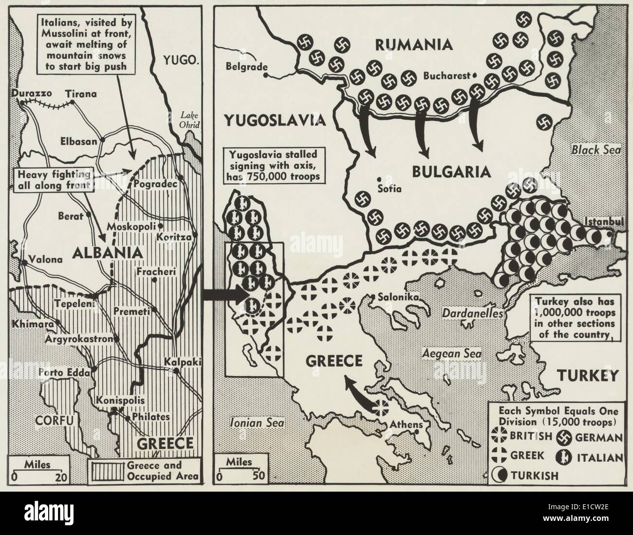 2. Weltkrieg-Karte von Griechenland und dem Balkan 1941. Symbole zeigen die Positionen der Briten, Deutsch, Griechisch, Italienisch und Türkisch Stockfoto