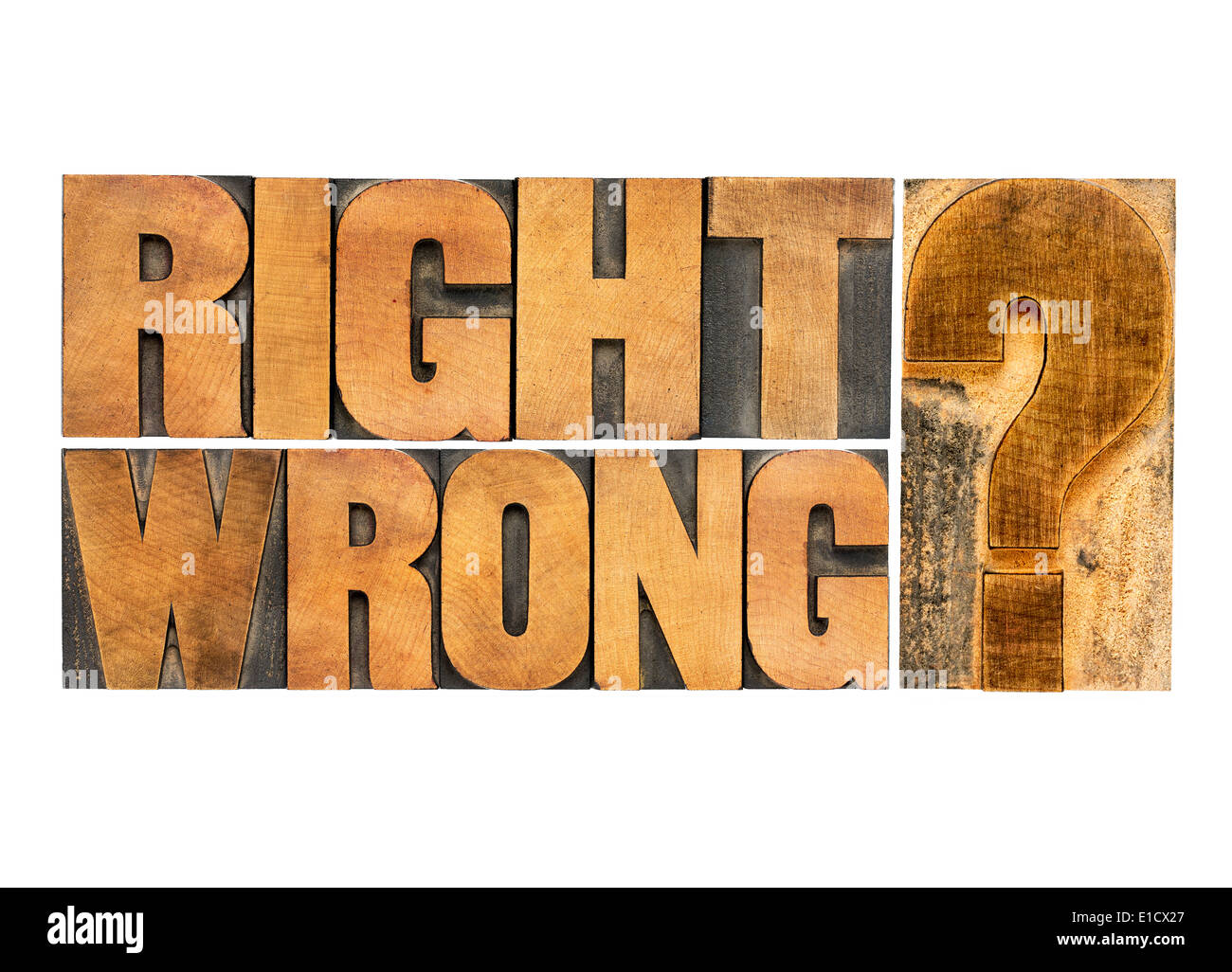 richtig oder falsch ethische Wahl Dilemma - isolierte Vintage Holz Buchdruck Druckstöcke Stockfoto