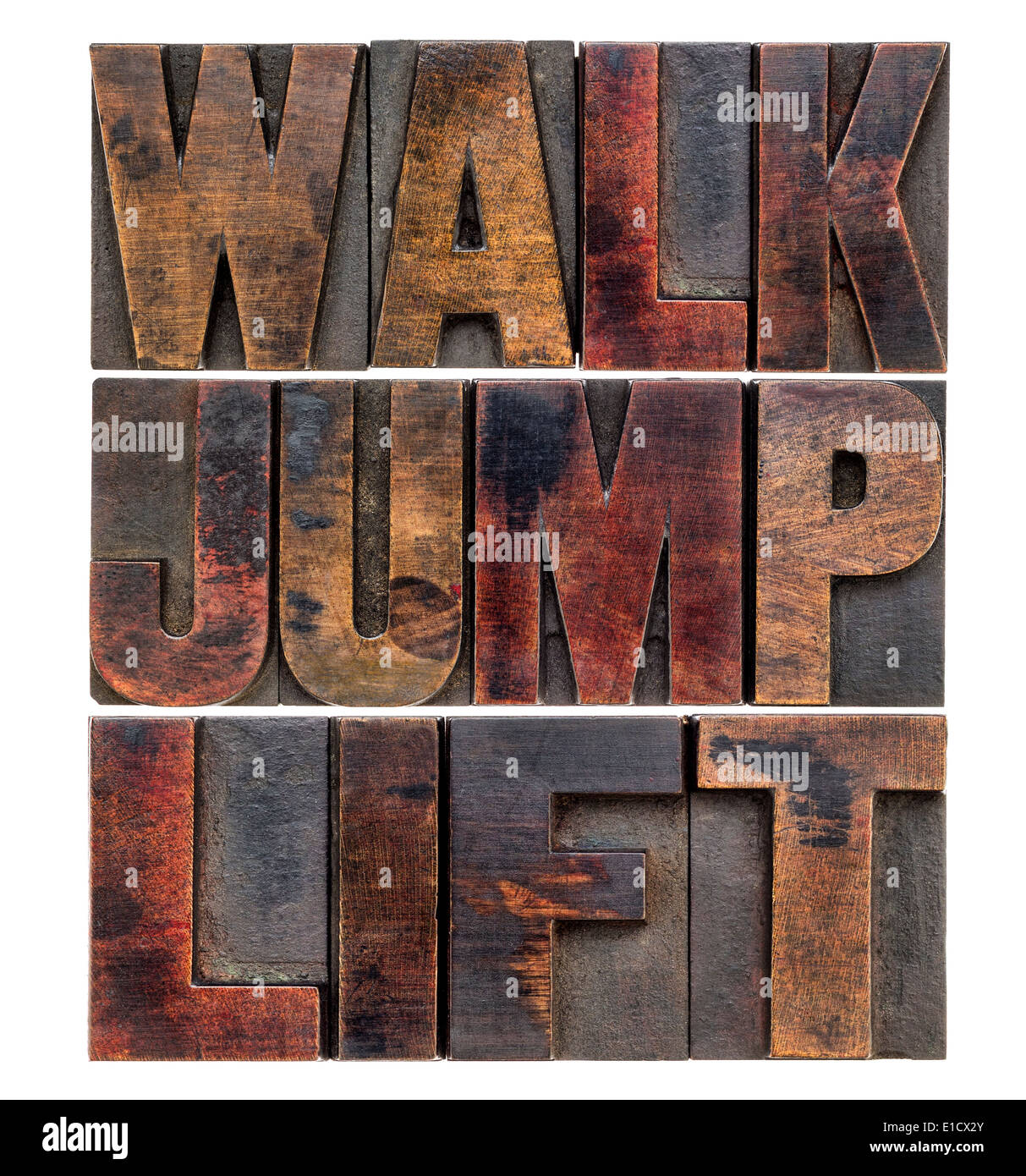 Bewegung und Fitness Konzept - laufen, springen und heben Wort abstrakt in Vintage Buchdruck Holzart Stockfoto