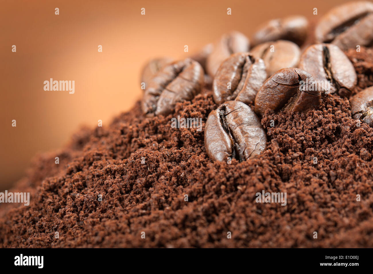 Kaffeebohnen hautnah auf Kaffeesatz Stockfoto