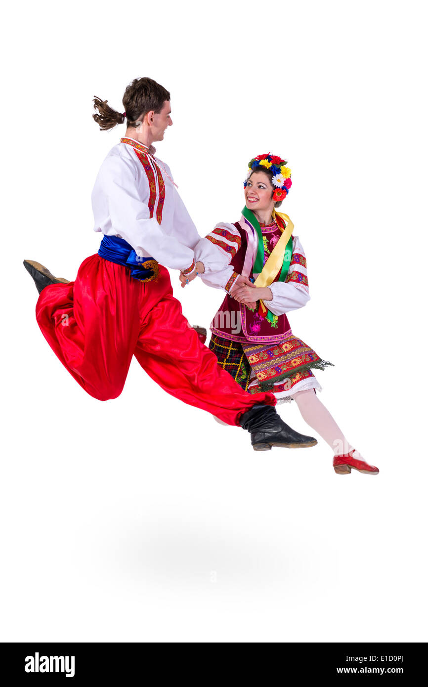schöne Tanzpaar in ukrainischer Sprache Polnisch nationalen Tracht Kleidung glückliches Lächeln, in voller Länge Portrait isoliert Stockfoto