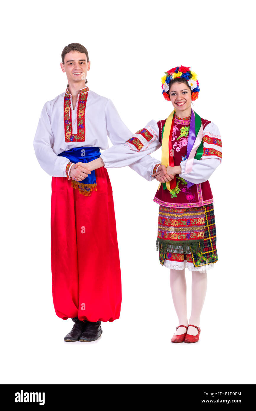 schöne Tanzpaar in ukrainischer Sprache Polnisch nationalen Tracht Kleidung glückliches Lächeln, in voller Länge Portrait isoliert Stockfoto