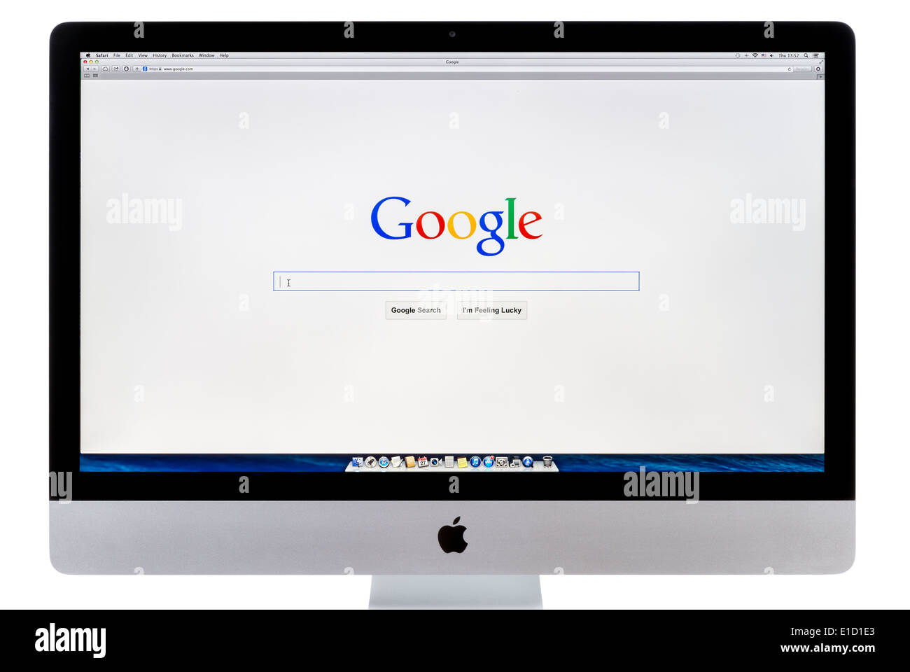 Neue Apple iMac mit Google-Suche-Web-Seite auf einem Bildschirm. Stockfoto