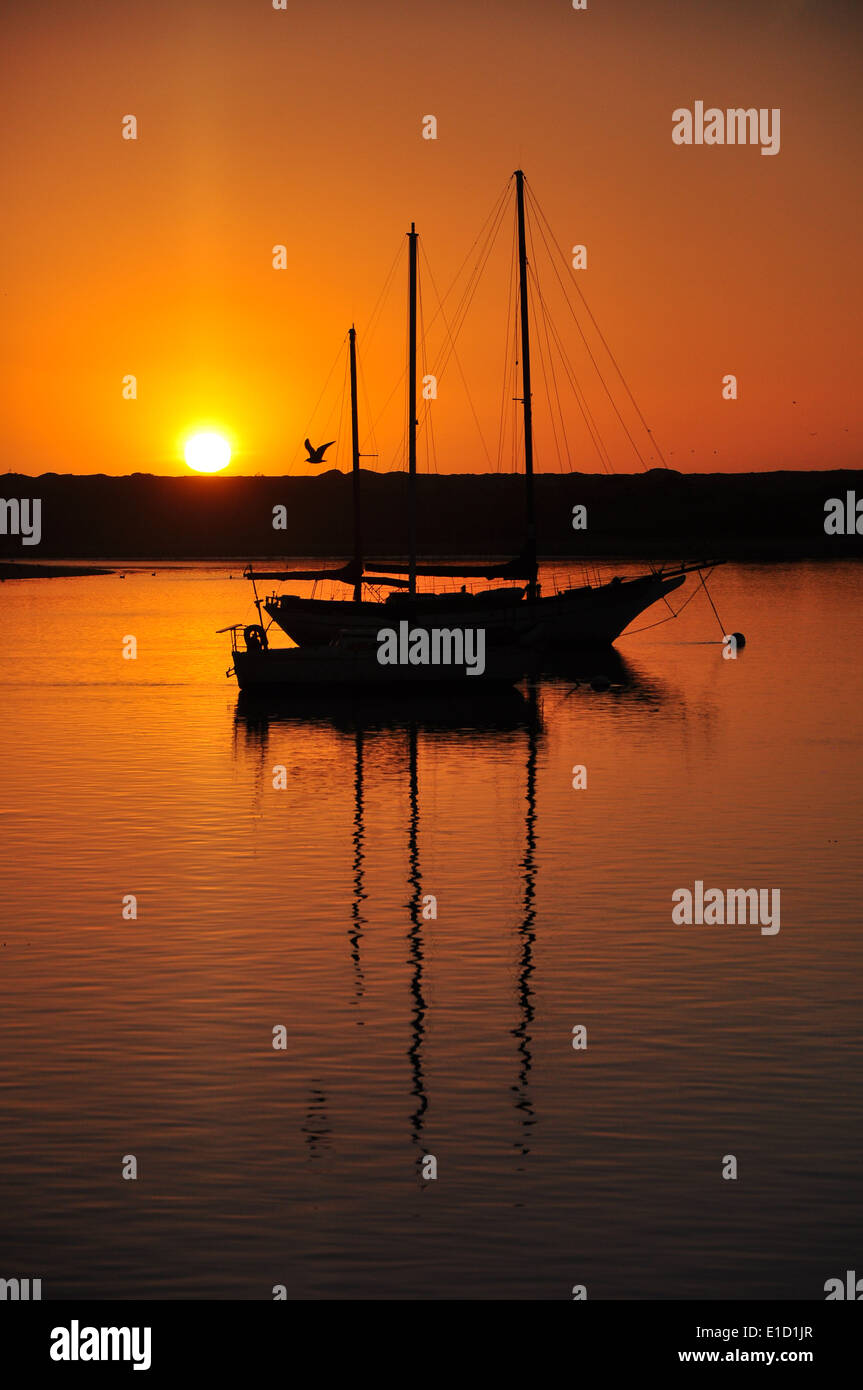 Yachten im Hafen von Morro Bay, Kalifornien bei Sonnenuntergang. Leicht wellige spiegelt sich im Wasser und Fackel vor der Sonne. Stockfoto