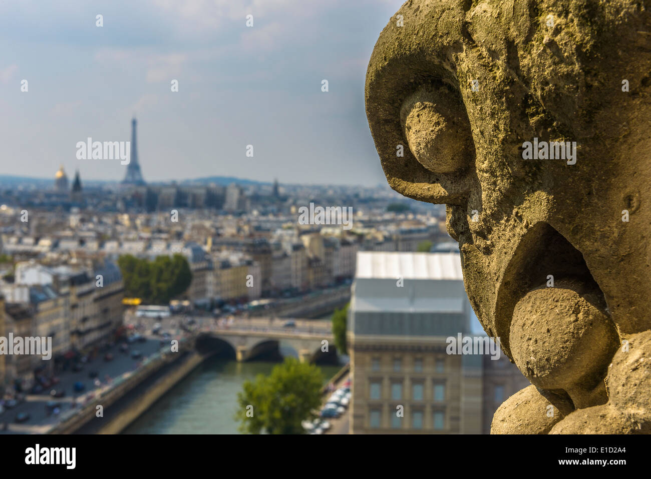 Wasserspeier Statue mit Paris Luftbild im Hintergrund von Notre-dame Stockfoto