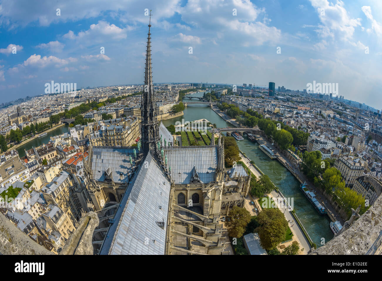 Fisch-Auge Ansicht von Paris von Notre-Dame in einem sonnigen Sommertag Stockfoto