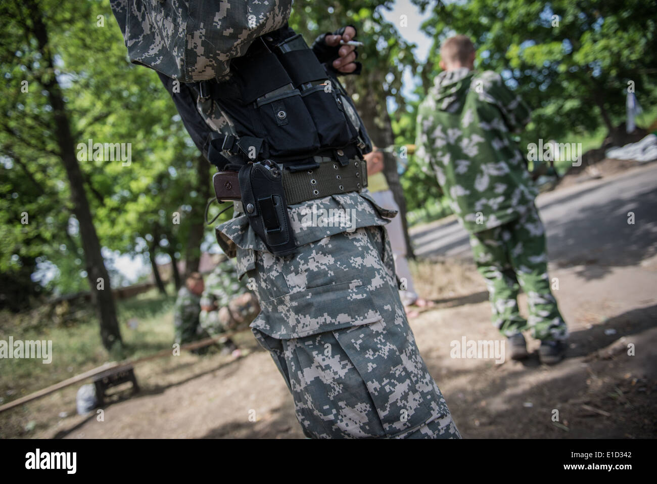 Pro-russische Miliz-Checkpoint in Slowjansk während 2014 Ukraine Konflikt Stockfoto