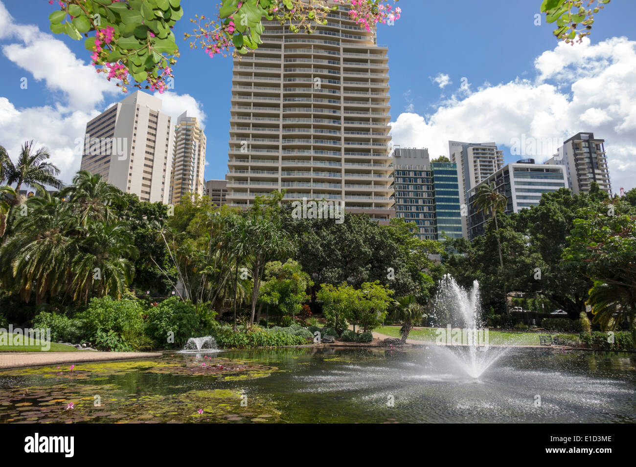 Brisbane Australien, City Botanic Gardens, Skyline, Wolkenkratzer, Gebäude, Bäume, Brunnen, Teich, AU140313011 Stockfoto