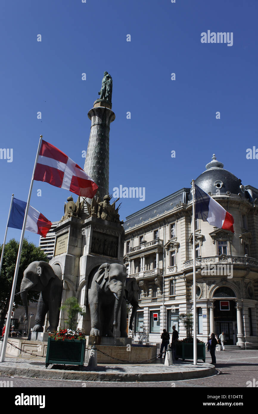 Brunnen der Elefanten, Les quatre sans Cul, Chambery, Savoie, Savoyen, Auvergne Rhône-Alpes, Frankreich. Stockfoto