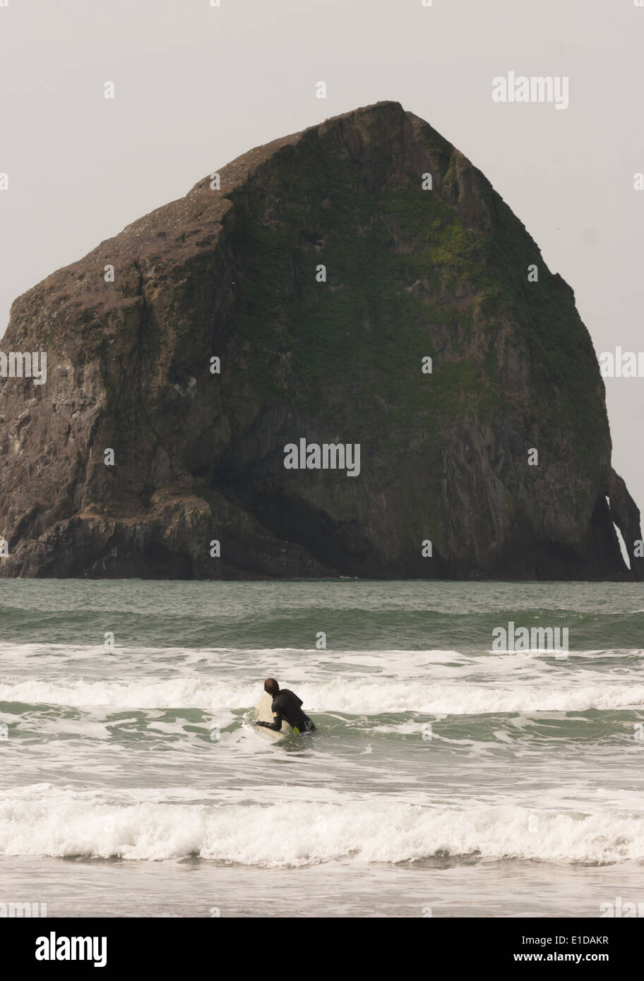 Vertikale Zusammensetzung männliche Surfer versucht, eine Welle Westküste zu fangen Stockfoto