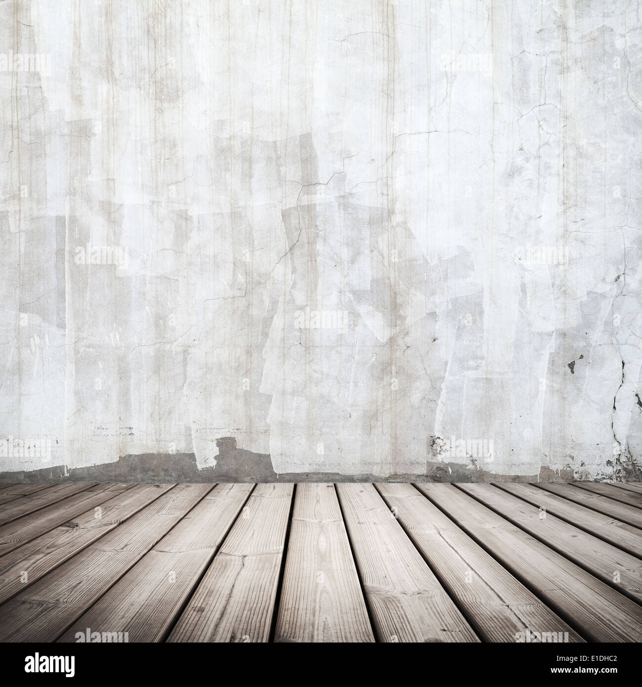 Leere weiße konkrete Interieur mit Holzboden Stockfoto