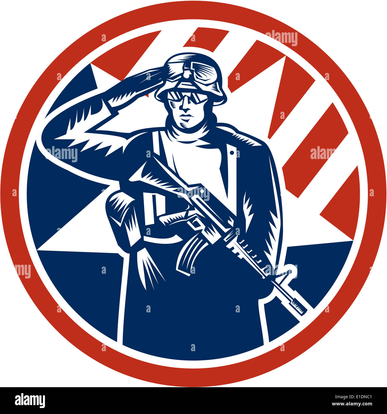 Abbildung eines amerikanischen Soldaten Soldaten salutieren Betriebs Gewehr Pistole nach vorne im inneren Kreis im retro-Stil gemacht. Stockfoto