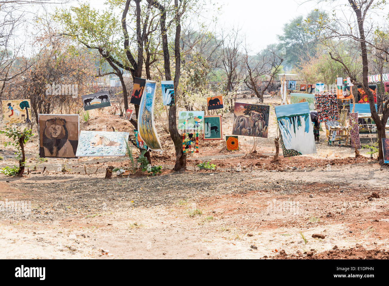 Gemälde ausgestellt hing auf Straßenbäume zum Verkauf an Touristen als Souvenirs, Livingstone, Sambia Stockfoto
