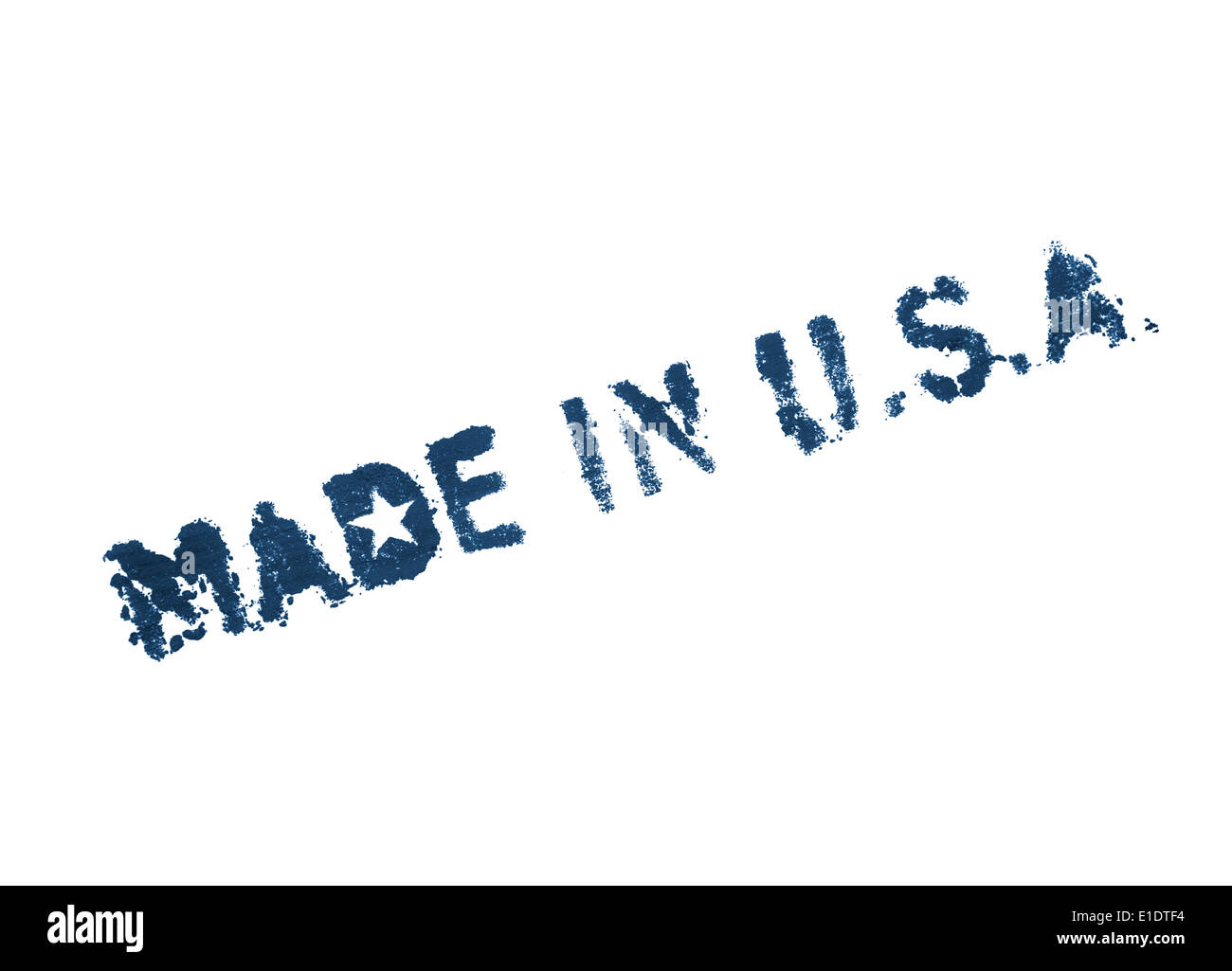 Made in USA. Blau gemalte Beschriftung auf weißem Hintergrund Stockfoto