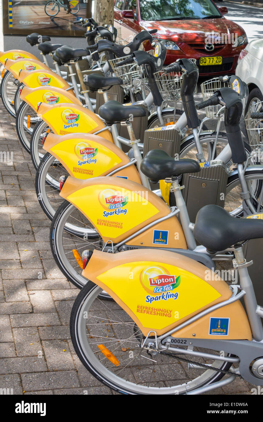 Brisbane Australien, CityCycle, Community-Fahrradverleih, Share, Station, Fahrrad, Radfahren, Reiten, Radfahren, Fahrer, Werbung, Lipton Ice Tea, AU140313010 Stockfoto