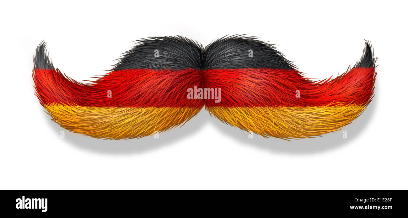 Deutsche Schnurrbart-Symbol mit der Flagge von Deutschland als Symbol einer europäischen macho männlichen Kultur und Konzept ForOktoberfest oder Restaurants und Küche auf einem weißen Hintergrund. Stockfoto