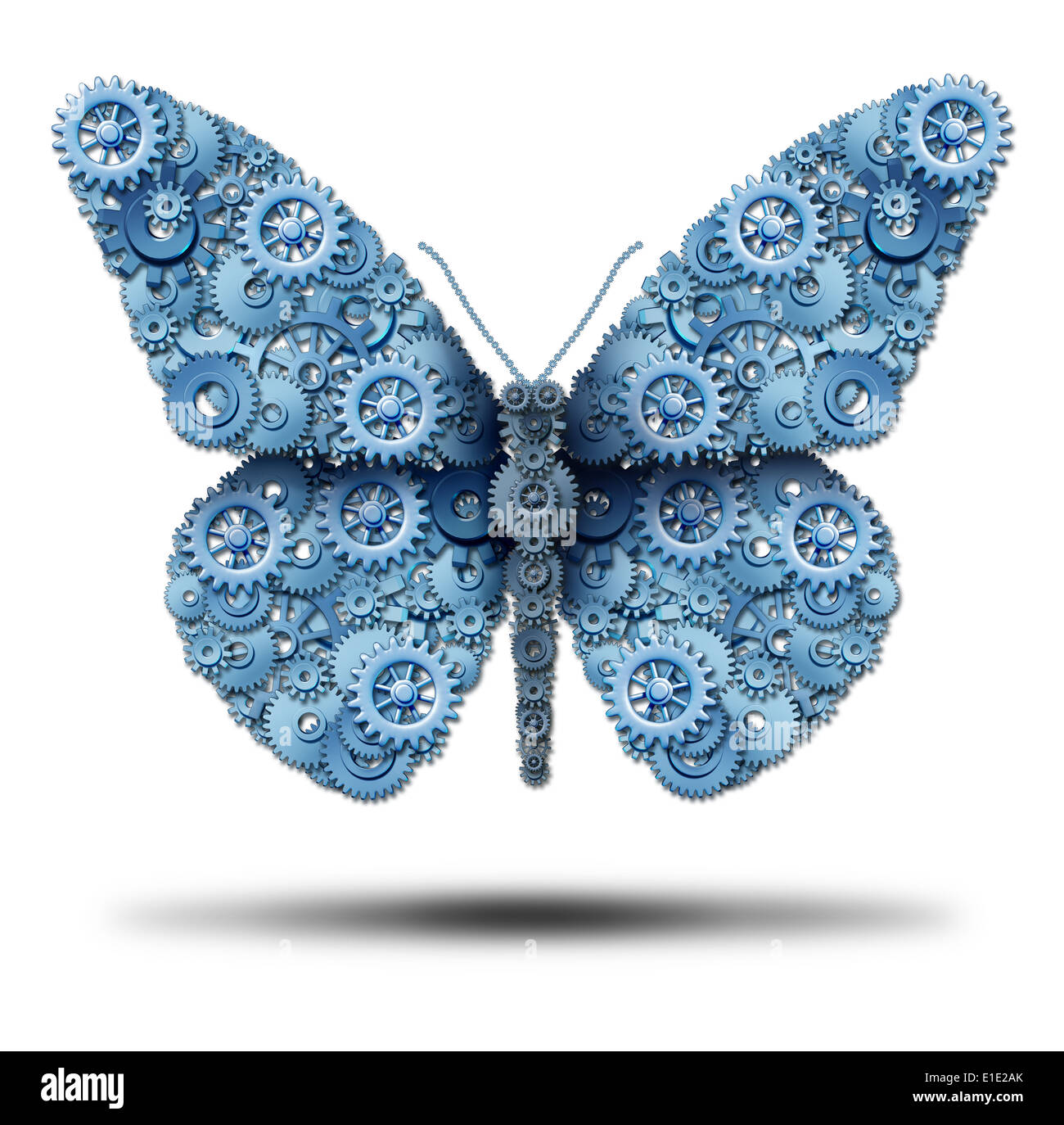 Kreative unternehmerische Freiheit und die Macht der Phantasie-Symbol als eine Gruppe von Getriebe und Zahnräder miteinander verbunden, um eine fliegende Schmetterlingsform als Symbol der Innovation Freiheit auf einem weißen Hintergrund zu bilden. Stockfoto