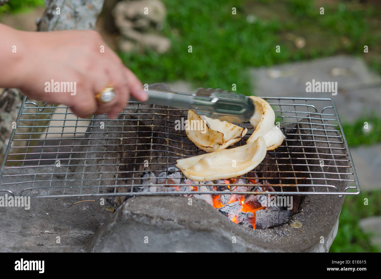 Gegrillter Tintenfisch auf dem Grill, Meeresfrüchte bbq Stockfoto