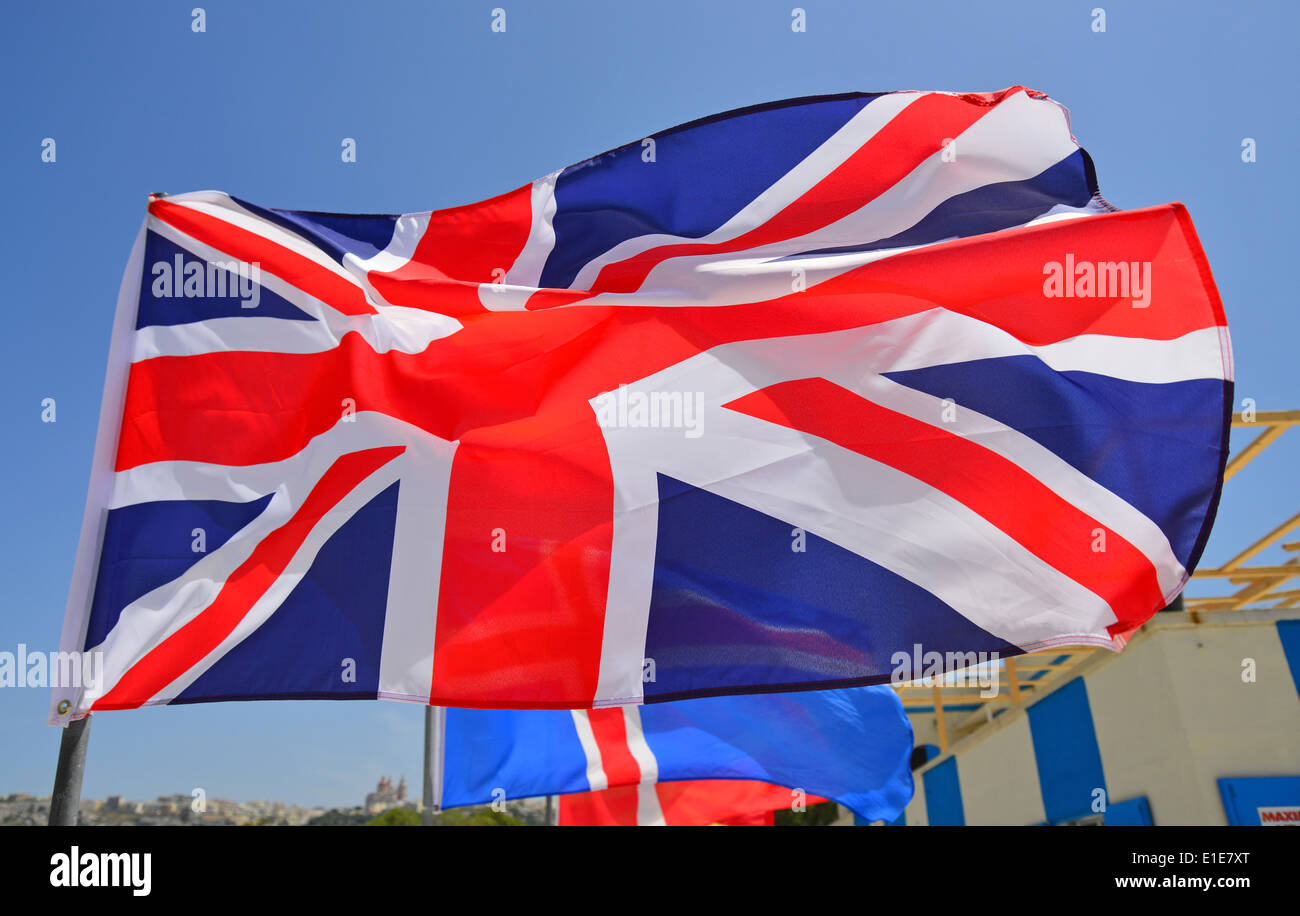Union Jack-Flagge, Ghadira Bay, Mellieha (il-Mellieha), Northern District, Malta Majjistral Region, Republik Malta Stockfoto
