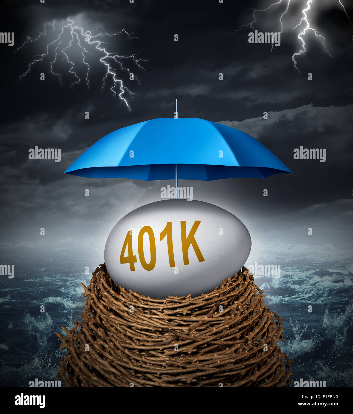 Ruhestand Investitionssicherheit und finanzielle Absicherung der Ersparnisse als ein Symbol mit 401 k auf ein Ei in einem Nest, geschützt durch eine blaue Regenschirm gegen flüchtige Stürme und Härte in der Wirtschaft sowie eine Steuerbegünstigung. Stockfoto