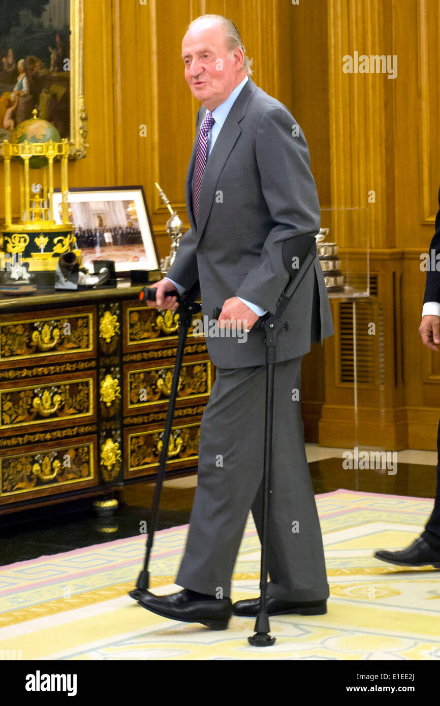 Der spanische König Juan Carlos besucht Anhörung mit einem konstitutionellen Gericht Präsident Francisco Perez De Los Cobos Orihuel im Zarzuela-Palast. Madrid am 25. Juni 2013 Stockfoto