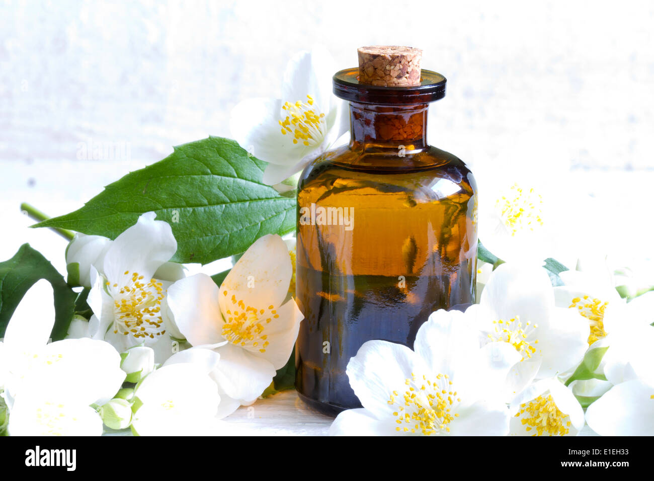 Jasmin Aromaöl auf weißen Planken mit Blumen-Konzept Stockfoto