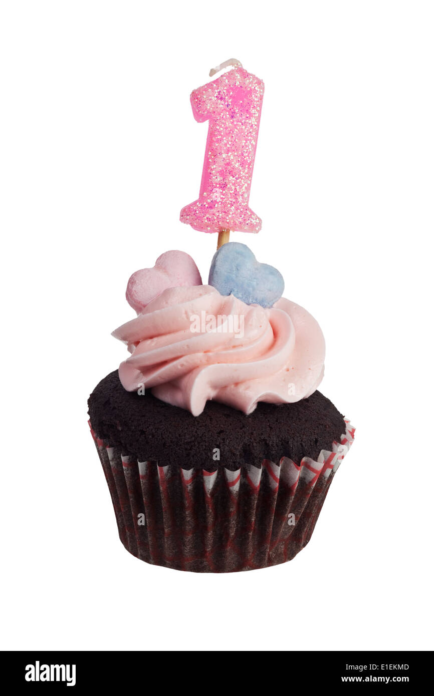 Mini Cupcake mit Nummer eins Kerze für ein Jahr Jubiläum isoliert auf weißem Hintergrund Stockfoto