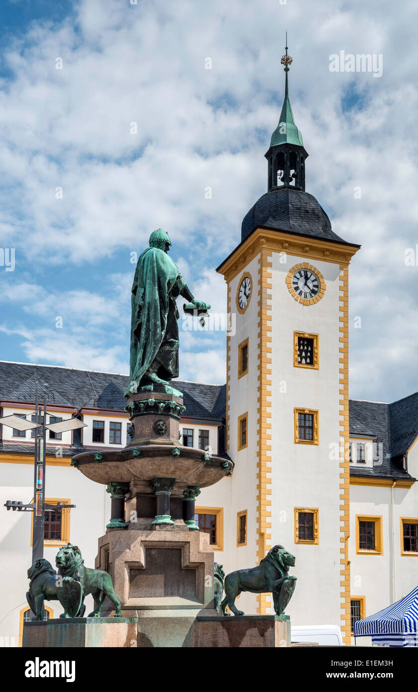 Statue des Markgrafen von Meißen Otto Der Reiche (Otto den reichen), Rathaus (Rathaus) am Obermarkt in Freiberg, Sachsen, Deutschland Stockfoto