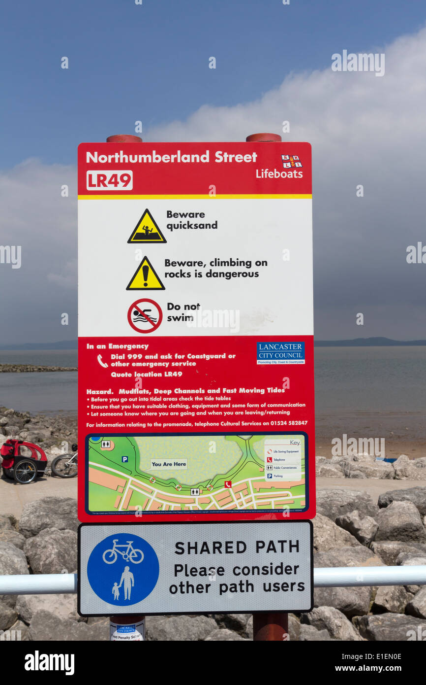 Sicherheit und Standort Referenz Notfall Zeichen Morecambe Bay Lancashire England UK Stockfoto