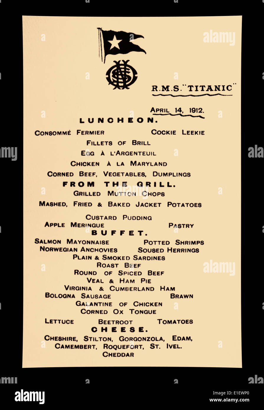 TITANIC-MENÜ Letzter Tag, 14. April 1912, an Bord der Doomed Titanic, erstklassige Passagiere Mittagsmenü Eier Argenteuil, Huhn a la Maryland ..etc Stockfoto