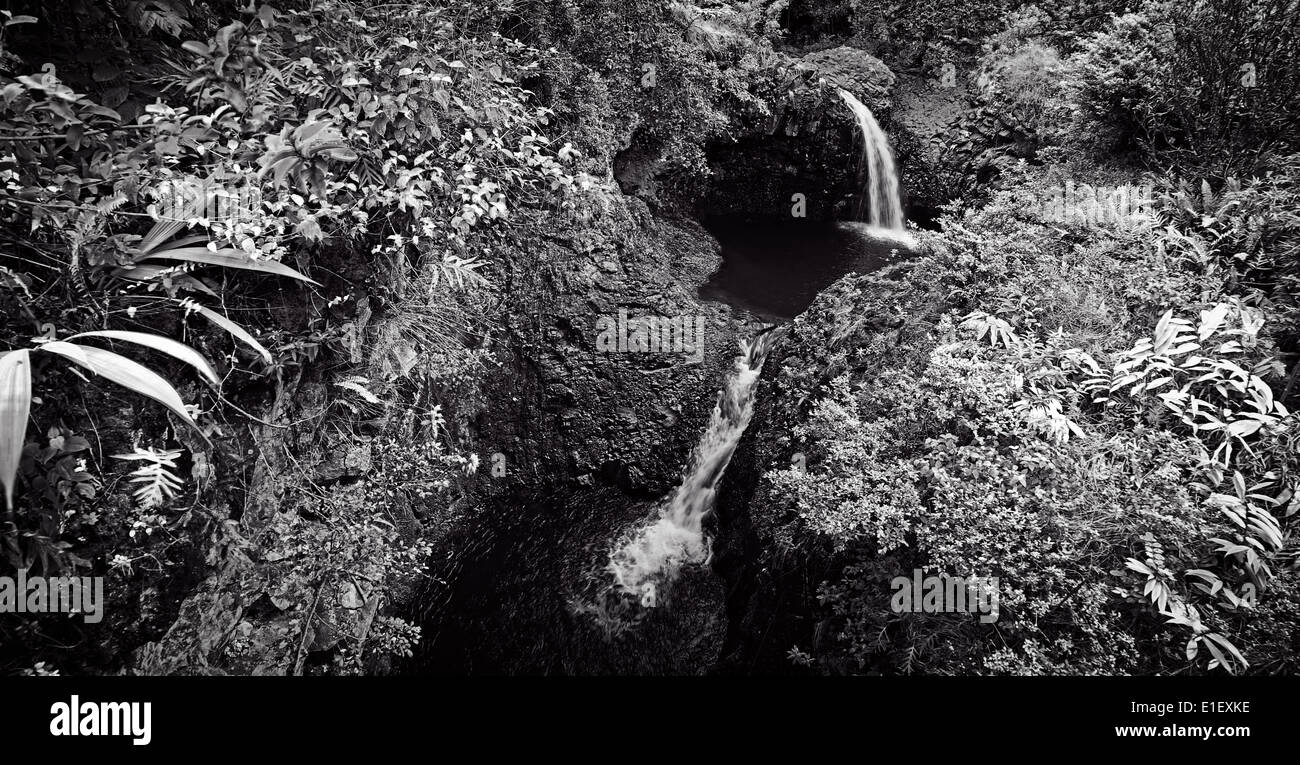 Twin-Wasserfälle auf der Insel Maui Hawaii in schwarz und weiß. Stockfoto