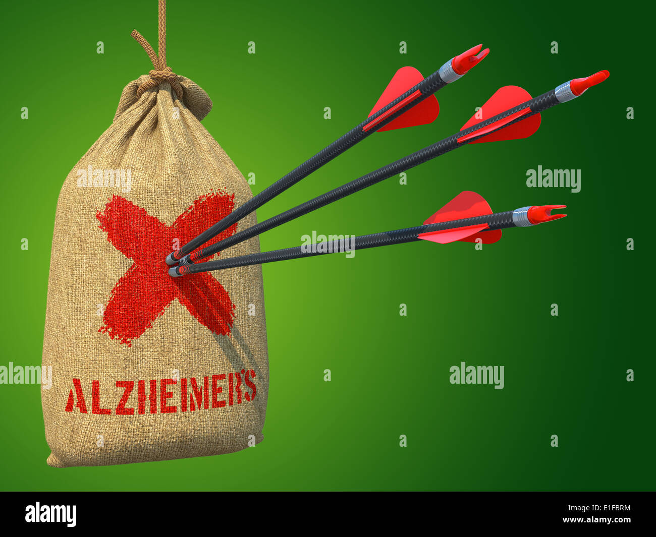 Alzheimer - drei Pfeile getroffen in rote Marke Target auf meschotschek hängenden auf grünem Hintergrund. Stockfoto