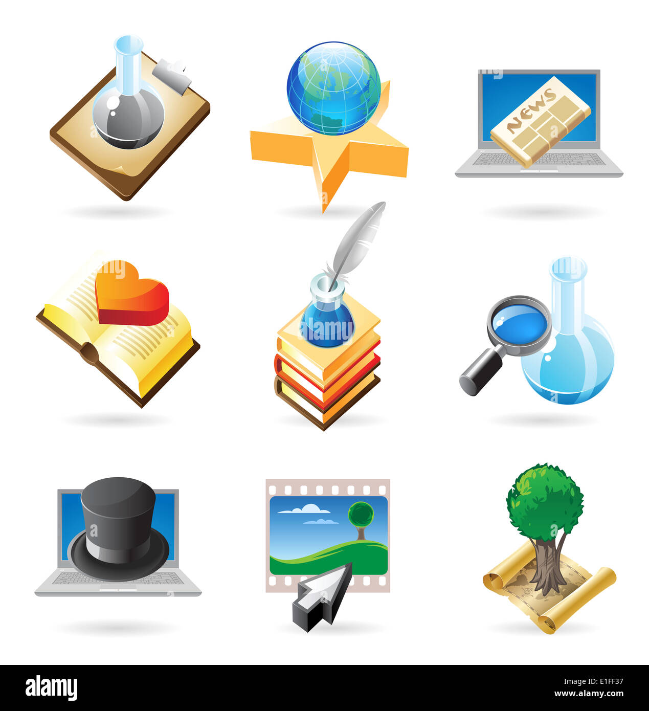 Konzept-Symbole für Wissenschaft und Bildung. Illustrationen für Dokument, Artikel oder eine Website. Stockfoto