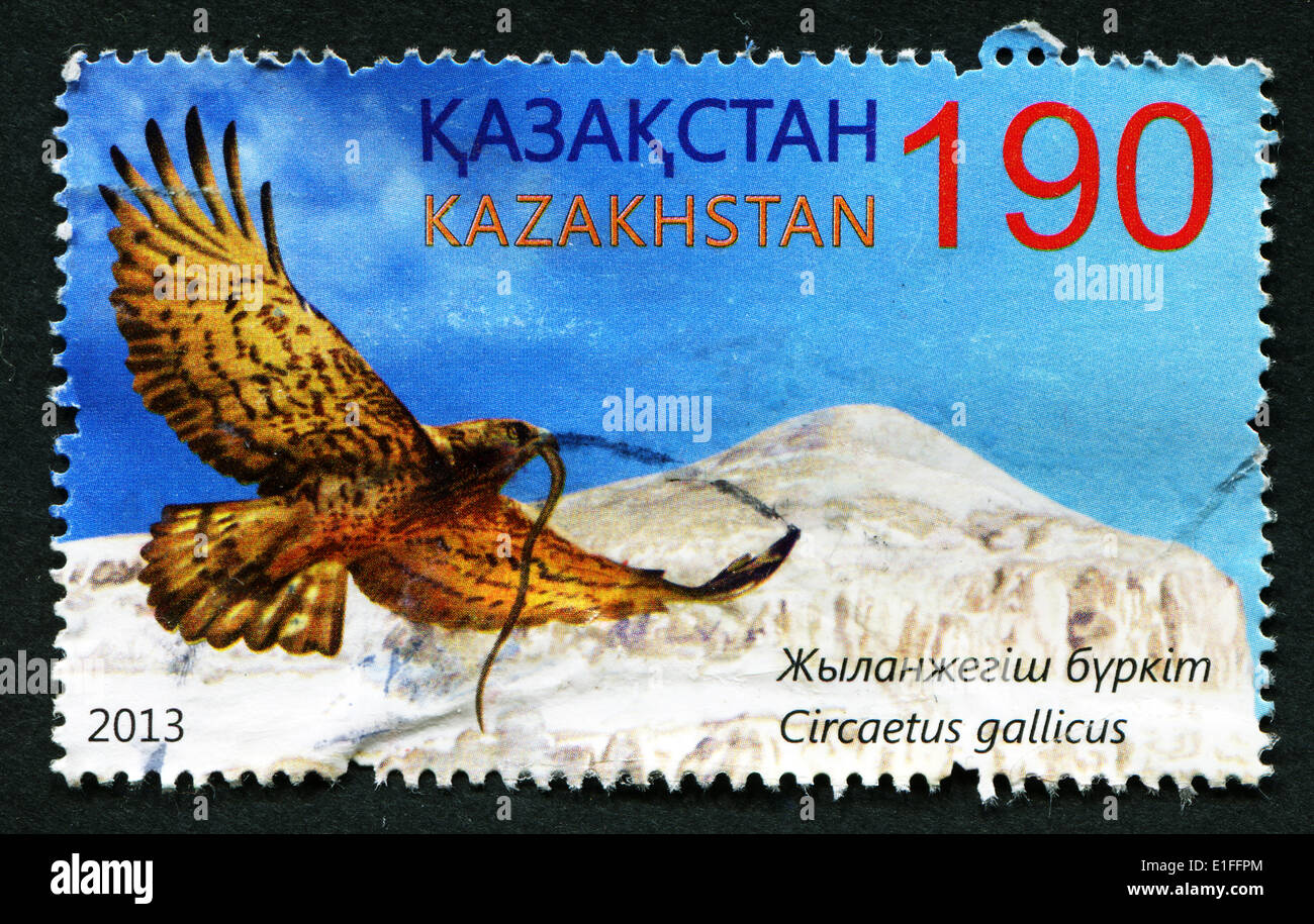 Kasachstan - ca. 2013: Eine Briefmarke gedruckt in Kasachstan zeigt Adler mit einer Schlange im Schnabel, ca. 2013 Stockfoto