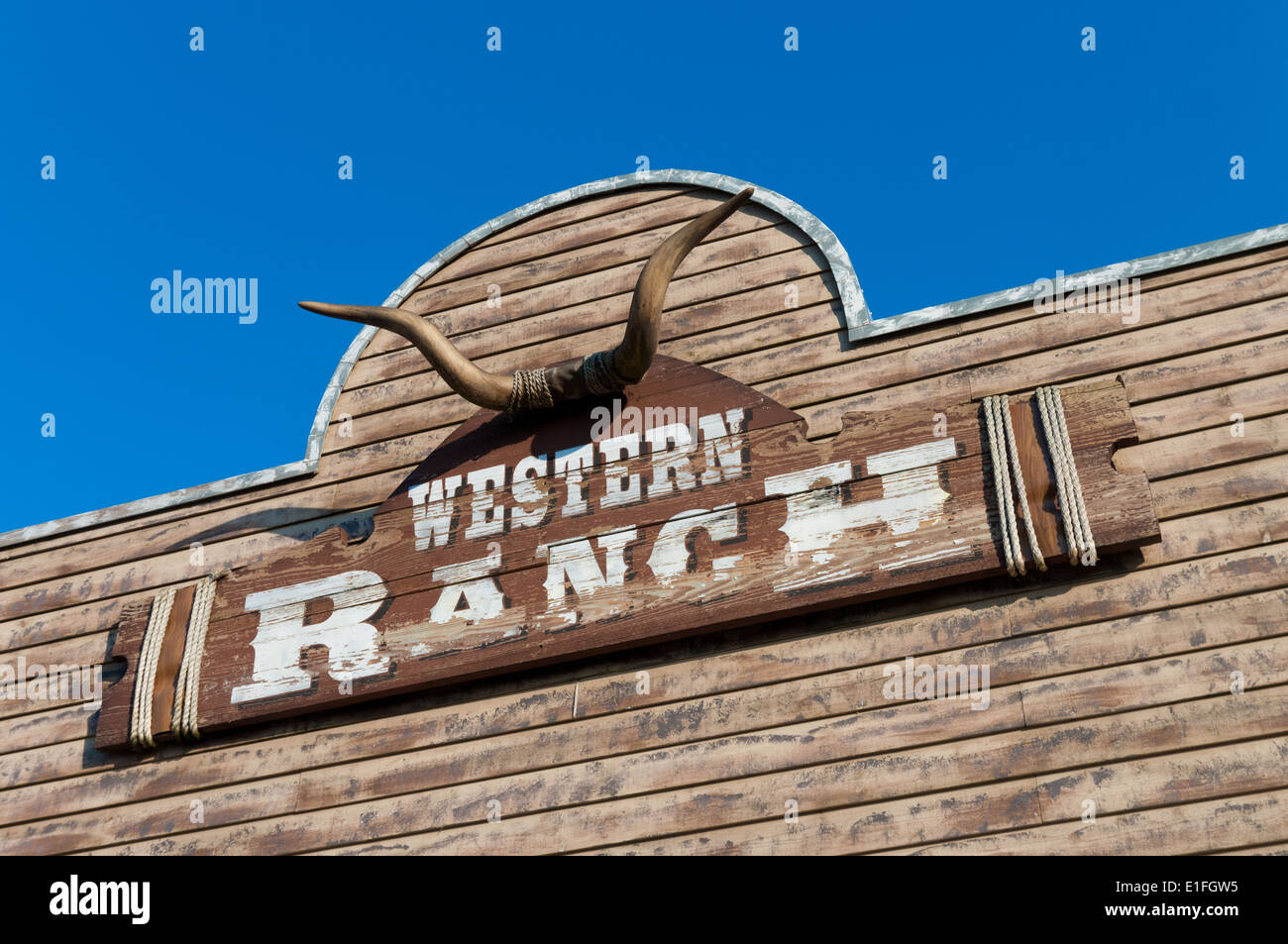 Bull Skull und Ranch Westgrenze auf eine Holzfassade Stockfoto