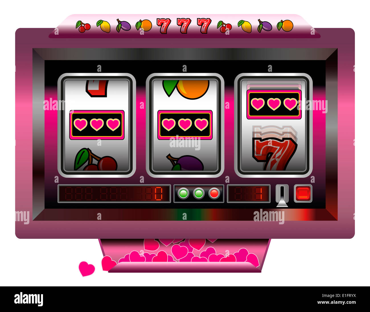 Spielautomat mit drei Walzen, Spielautomaten Symbole und einen Jackpot mit Herzen. Stockfoto