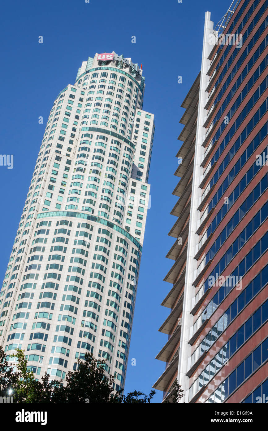 Los Angeles, Kalifornien, Innenstadt, Finanzviertel, Skyline der Stadt, Hochhaus Wolkenkratzer Gebäude US Bank Tower, Library Tower, rund, Stockfoto
