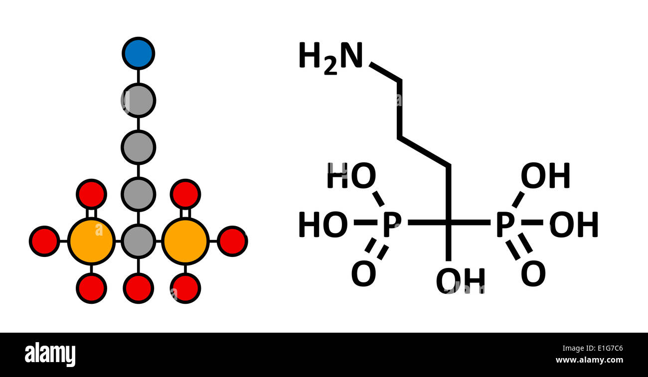 Alendronic Säure (Alendronat, Bisphosphonat-Klasse) Osteoporose Medikament, chemische Struktur. Stockfoto