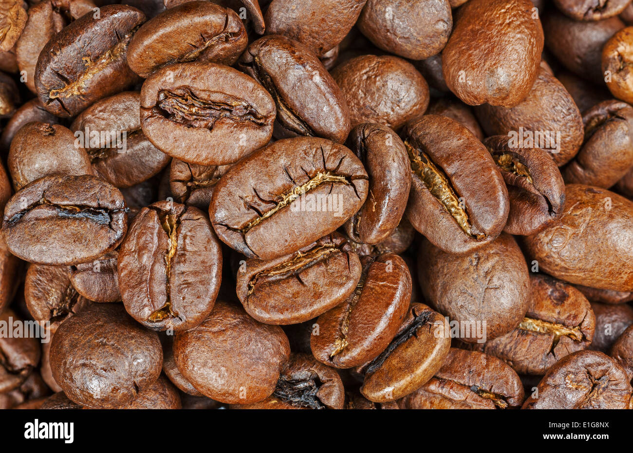 Gerösteter Kaffeebohnen, hautnah. Stockfoto