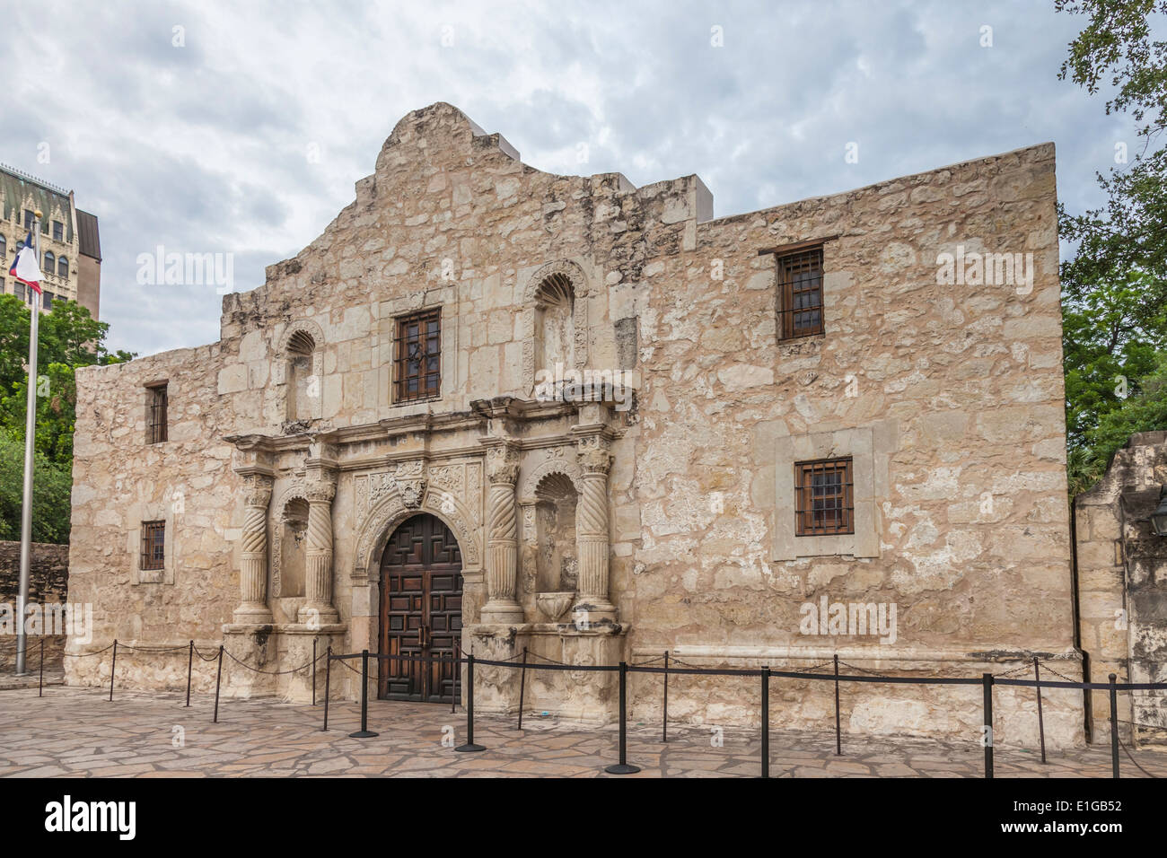 The Alamo, Ort der berühmten Schlacht um Texas Unabhängigkeit von Mexiko, in der Innenstadt von San Antonio, Texas. Stockfoto