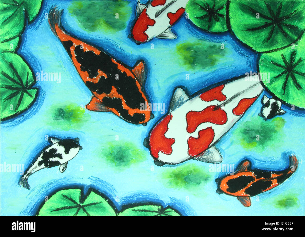 Koi Fische schwimmen im Wasser-Malerei-Hintergrund Stockfoto