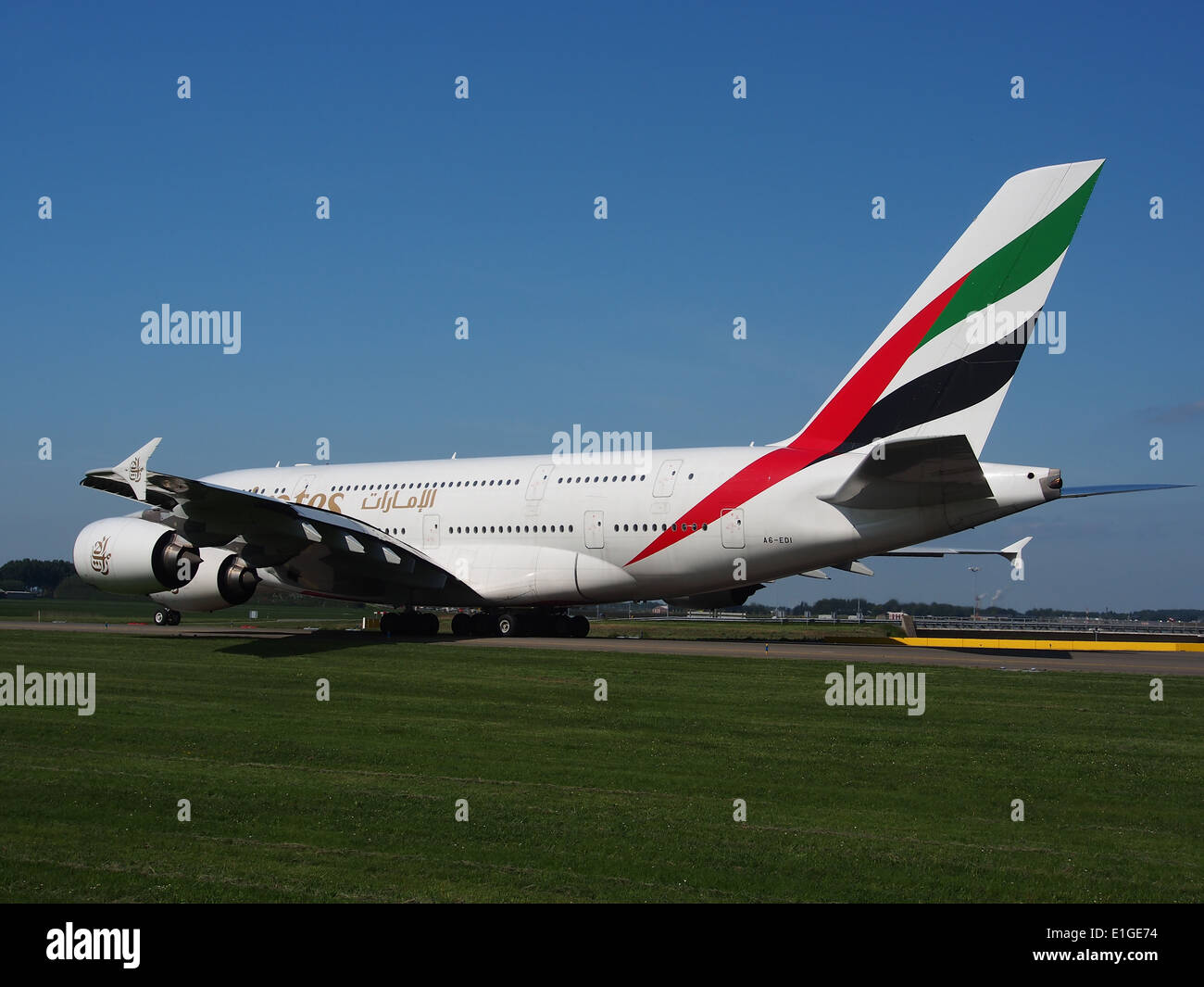 A6-EDI Emirates Airbus A380-861 - Cn 028 auf dem Flughafen Schiphol (AMS - EHAM), den Niederlanden, 16 Mai 2014, Pic-012 Stockfoto