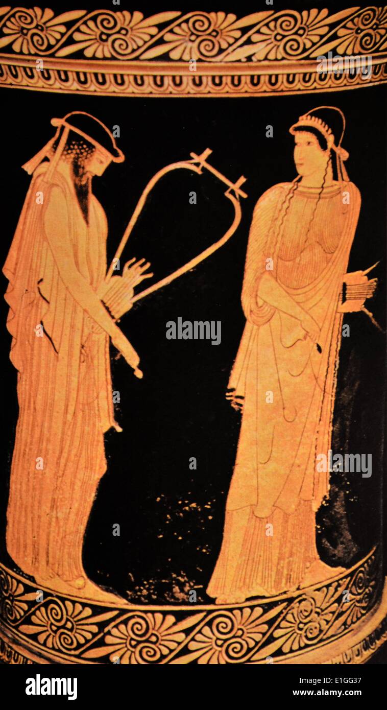 Dichter Alcaeus und Sappho zusammen auf diesem attischen Weinkühler dargestellt. 340 v. Chr. datiert Stockfoto