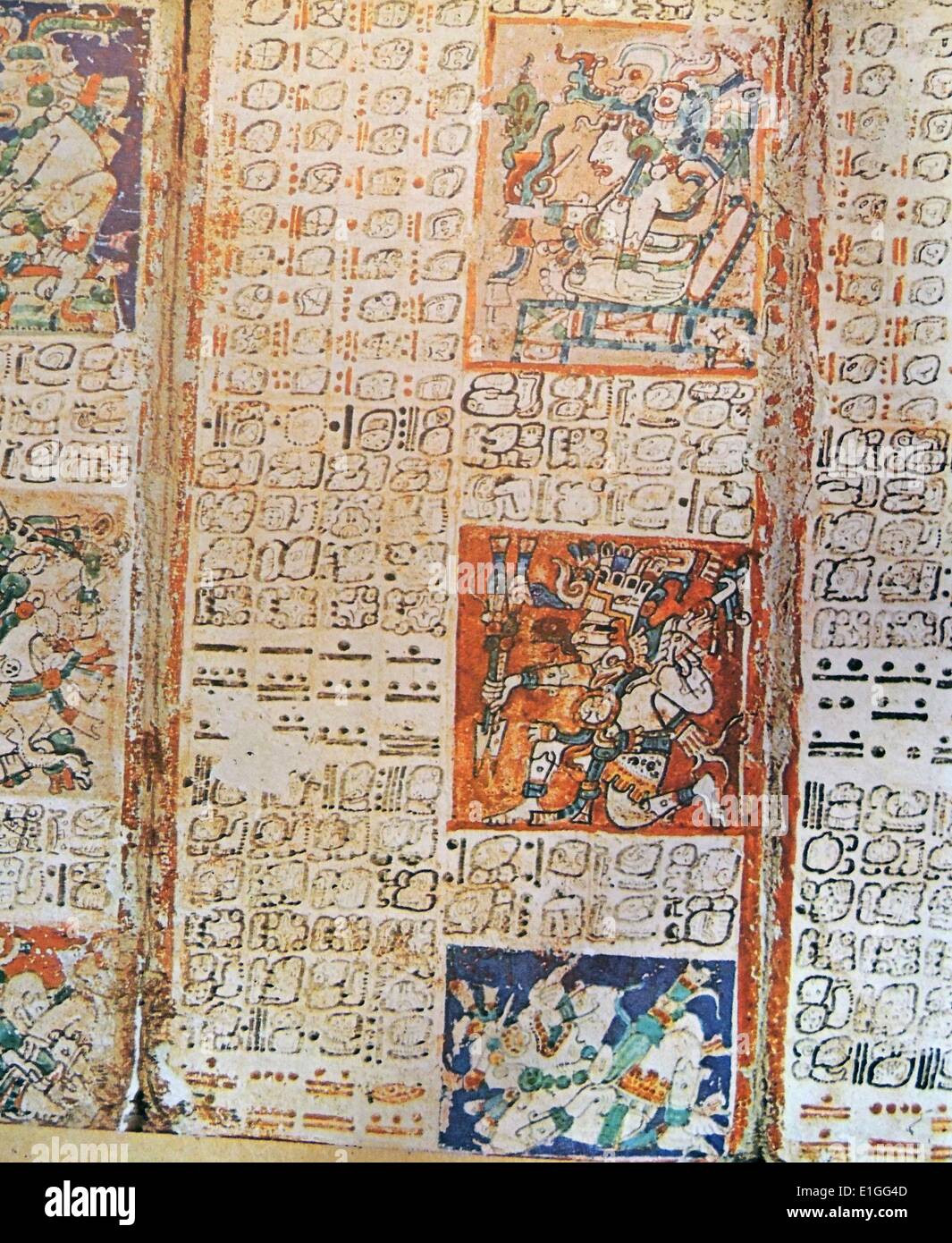 Detail aus der Dresdner Codex. Eine präkolumbische Maya-Buch des 11. Jahrhunderts der Yukatekischen Maya in Chichén Itzá. Stockfoto