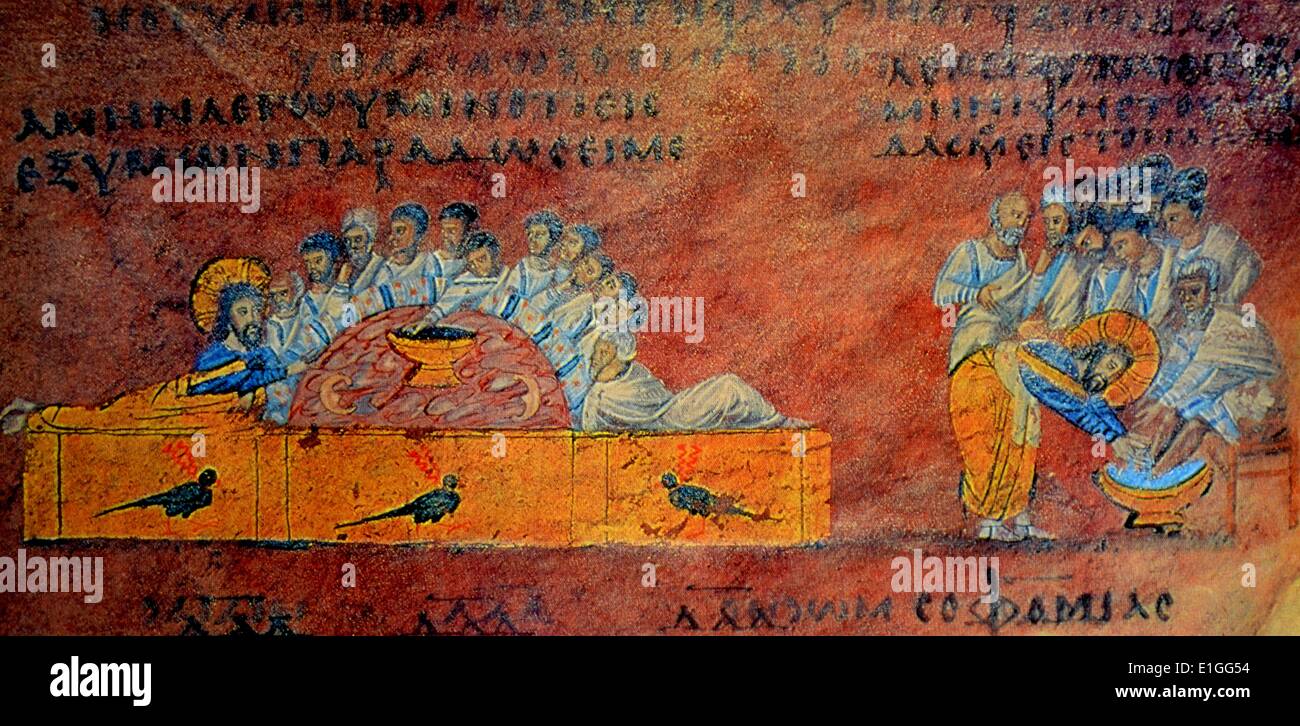 Fresko des letzten Abendmahls und der fußwaschung aus der Rossano Codex, eine griechische Handschrift des 6. Jahrhunderts, der die Evangelien von Matthäus und Markus. Beim letzten Abendmahl Christus und die Jünger sich an einen runden Tisch in klassischer Weise. Vom 6. Jahrhundert. Stockfoto